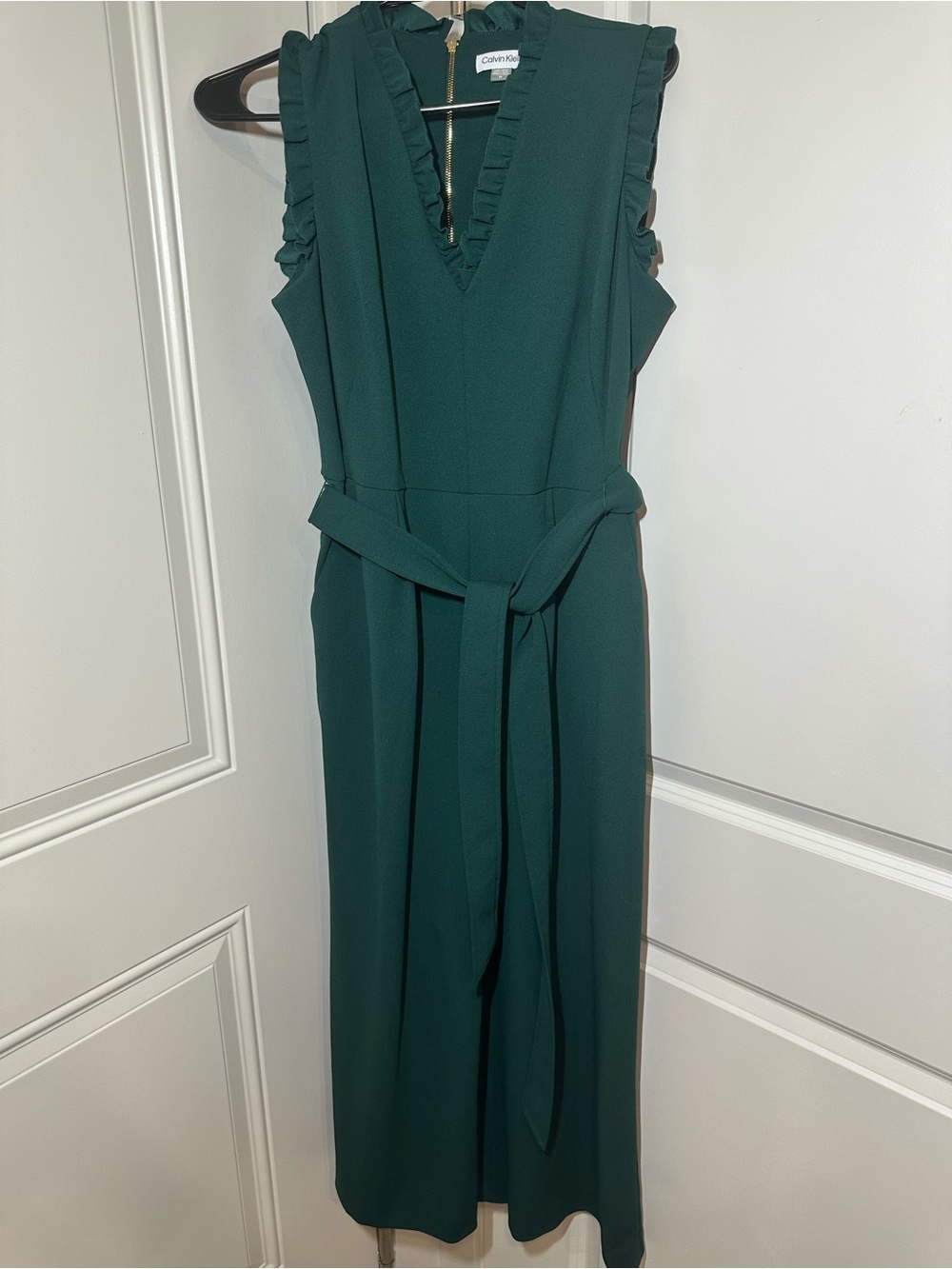 Calvin Klein Deep Green Ruffle V-Neck Sleeveless Jumpsuit